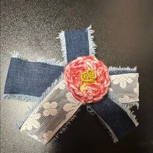 Denim & Lace Flower hair clip with Pink Yarn Rosette